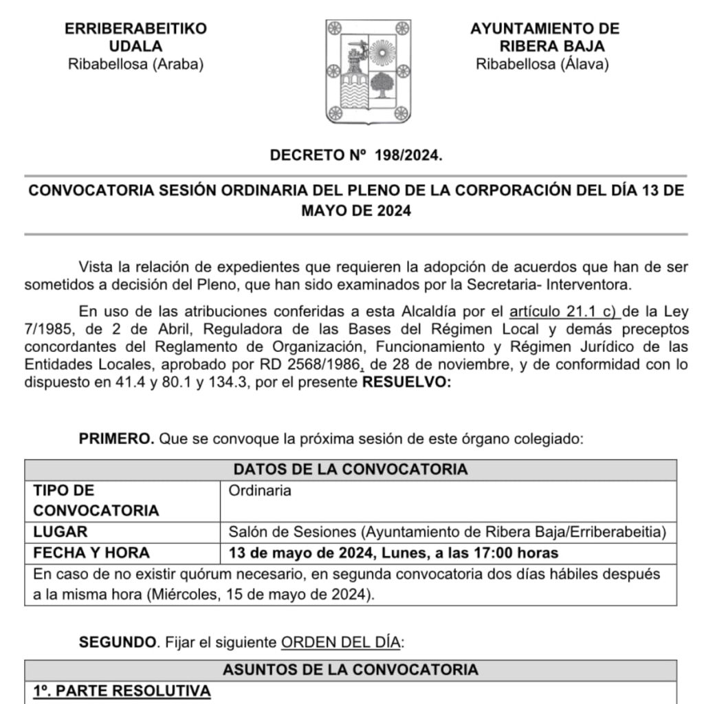 CONVOCATORIA SESIÓN ORDINARIA DEL PLENO DE LA CORPORACIÓN DEL DÍA 13 DE MAYO DE 2024